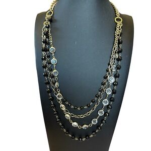Ann Taylor Necklace Multi Strand Black Clear Faceted Glass Beads Silver Tone